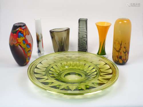 A group of glass vases, 20th century, to include a smoky glass 'Totem' vase by Geoffrey Baxter for