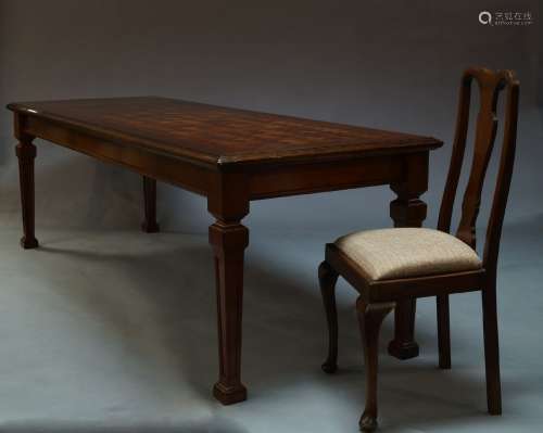 A George III style inlaid mahogany rectangular table, raised on square legs, 80cm high x 243cm