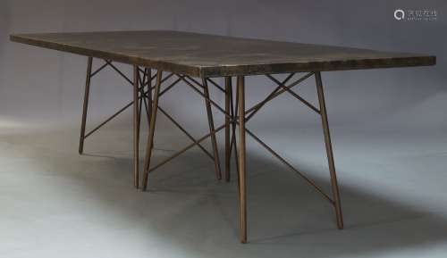 A large industrial 'Roman dining table 114', the rectangular metal clad top, with aged bronze effect