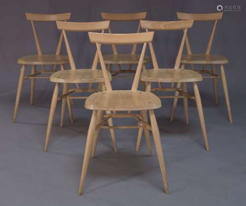 A set of six ash Ercol Originals stacking chairs for Ercol, of recent manufacture, with curved