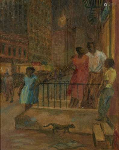 Marion Gilmore, American 1909-1984- Figures in a street at night; gouache on board, signed,