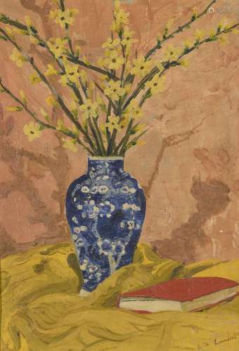 French School, early 20th century- Still life with flowers and red book; oil on card laid down on