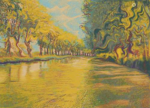 Sally Trueman, British b.1960- Yellow canal du Midi; pastel, signed, bears labels to the reverse,