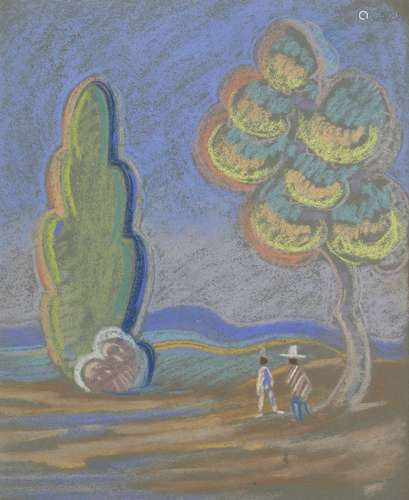 Frederick William George, British 1889-1971- Mexican Landscape; pastel on blue paper, 31x25cm (