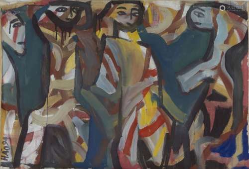 Truong Dinh Hao, Vietnamese b.1937- Four abstract figures; gouache on newspaper, signed and dated '