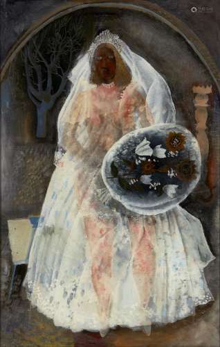 Franjo Dolenec, Croatian b.1930- The Bride; glass painting, bears labels to the reverse, 74x47cm (