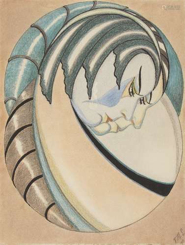 British School, mid-20th century- Art Deco Heads, 1932; coloured chalk and pencil on buff paper,