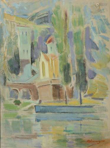 Dimitrios Kokkoris, Greek 1914-2009- A church in a landscape; oil on canvas, signed lower right,