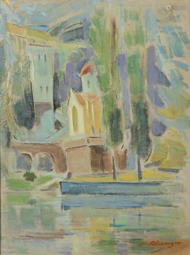 Dimitrios Kokkoris, Greek 1914-2009- A church in a landscape; oil on canvas, signed lower right,