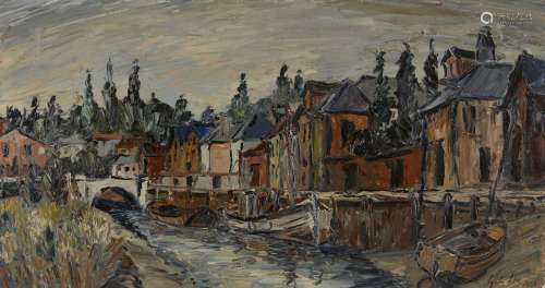 George Hann, British 1900-1979- Fishing boats berthed on a riverside; oil on board, signed, 40.