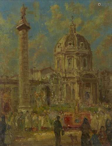 Modern British School, early 20th century- Crowds in Trafalgar Square, London; oil on canvas, 48.