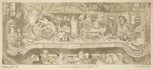 Chris Orr RA, British b. 1943- What is a self-service cafeteria?, 1974; etching with aquatint on