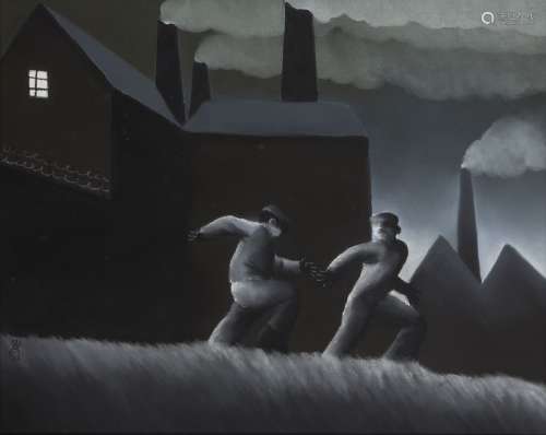 Mackenzie Thorpe, British b.1956- Men out at night by factories; pastel on textured paper, signed