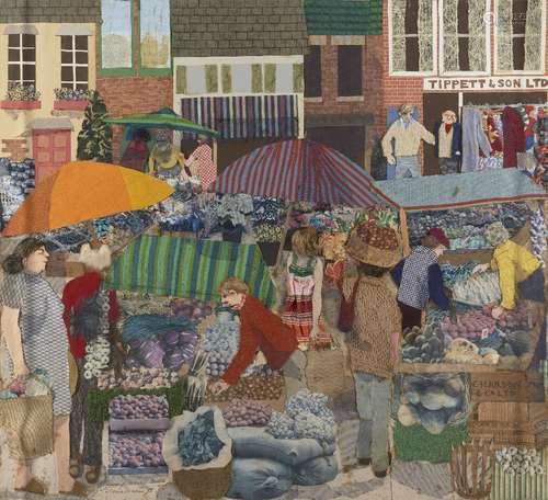 Gloria Stacey, British, mid-late 20th century- The Street Market, 1985; mixed media collage in