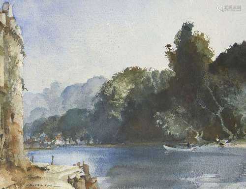 Sir William Russell-Flint RA RSW PRWS, Scottish 1880-1969- On the Loing at Moret; watercolour,