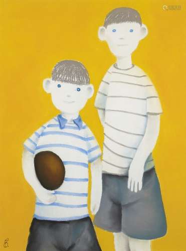 Mackenzie Thorpe, British b.1956- Two boys; pastel and mixed media on board, signed, 86x65cm(ARR)