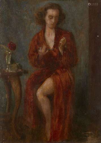 British School, early-mid 20th century- Portrait of a woman standing full-length in an interior; oil