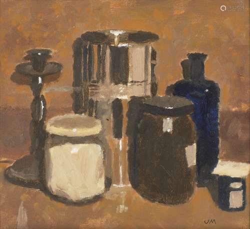 John Maddison, British b.1952- Six Objects, 1998; oil on canvas panel, signed with initials,