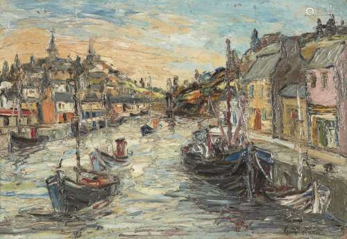 George Hann, British 1900-1979- Cornish harbour scene; oil on board, signed, 45x65.5cm (ARR)Please