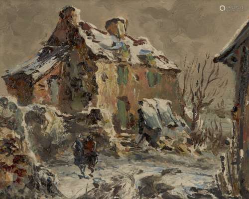 Raymond Besse, French 1899-1969- Vieille maisons en hiver en Berry; oil on board, signed, signed and