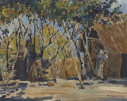 Sarah Gough Adamson, British 1888-1963- Figures under a fruit tree; oil on canvas, signed, 40.5x50.