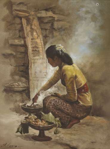 S. Toyo, Indonesian 1935-2000- Woman cooking; oil on canvas, signed, 65x50cmPlease refer to