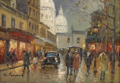 H Renaud, French 1921-1990- Boulevard Scenes; oils on canvas, a pair, both signed, each 13x18cm (