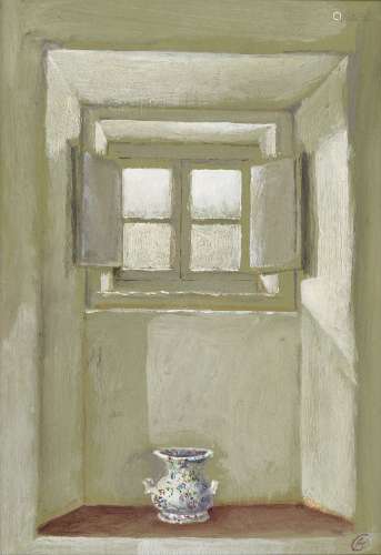 Alec Cobbe, British b.1945- A pot in a window at Centinale, Tuscany; acrylic on panel, signed with