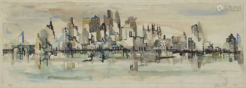 John Uht, American 1924-2010- New York skyline; watercolour, signed, titled and dated 1966,