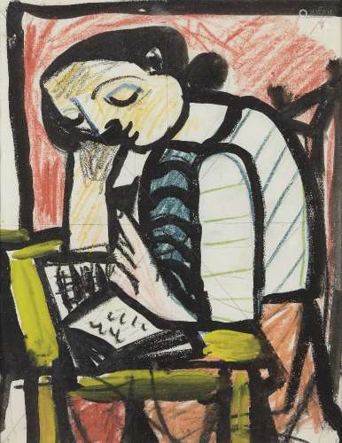 Carlos Carnero, Uruguayan/French 1922-1980- Study of a woman reading; gouache, pastel and pencil,