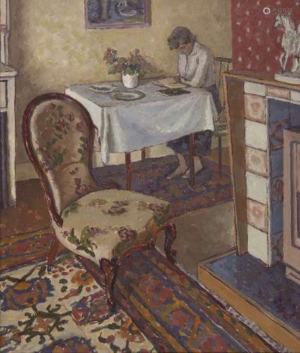 Philip John Whitten, British b.1922- Interior scene with the artist's wife; oil on canvas, signed to