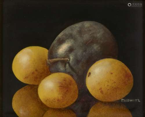 Patrick Lodwitz, French b.1953- Plums; oil on panel, signed, 8x10cm (ARR)Please refer to