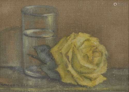 French School, mid 20th century- Still life with a glass and yellow rose; oil on canvas, signed,