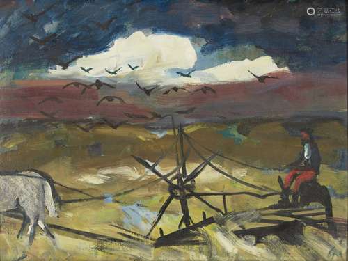 George Manchester ARCA, British 1922-1996- The Reaper; oil on board, signed with initials, bears