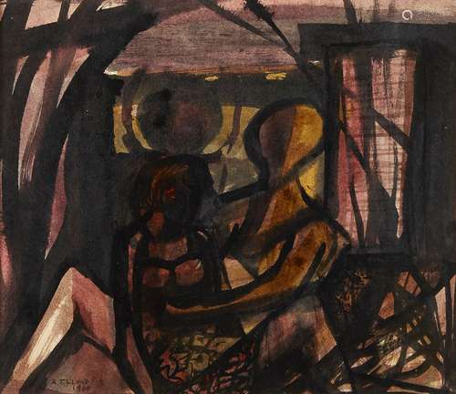 Reginald James Lloyd RI, British 1926-2020- Abstract figures study in red, ochre and black;