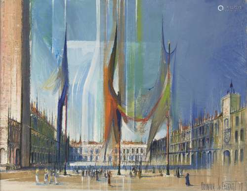 Regis Bouvier de Cachard, French b. 1929- Drapeaux sur la Place St. Marc; oil on canvas, signed