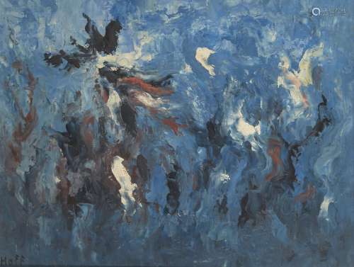 Abstract Expressionist School, mid-late 20th century- Untitled blue abstract; oil on board,