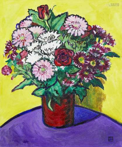 Henry Dawnay, British b.1969- Still life of flowers, 2020; acrylic on canvas, monogrammed, 60 x 49cm