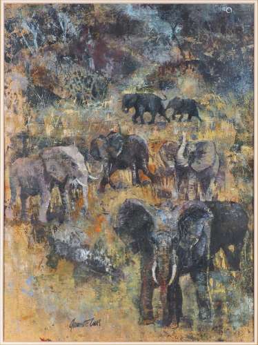 Jeanette Carr, Zimbabwean/British b.1940- Herd of elephants; oil on paper, signed, 59x43cm (ARR)