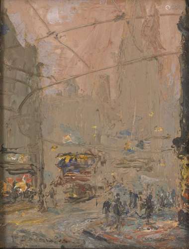 Pietro Sansalvadore, Italian 1892-1955- City street scene with tram and City square; oil on