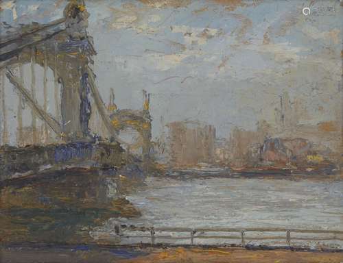 Pietro Sansalvadore, Italian 1892-1955- Hammersmith Bridge; oil on board, 7.3x9.5cm (ARR)