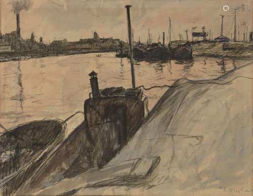 Jakob Nussbaum, German 1873-1936- Dockland scene; charcoal and wash, signed, 31.5x40cmPlease refer