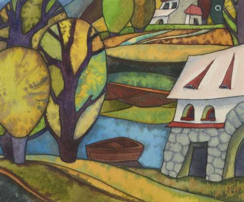 Sasha Larionova, Russian b.1972- Village Landscape; watercolour, signed and dated 2008, 14.5x17.