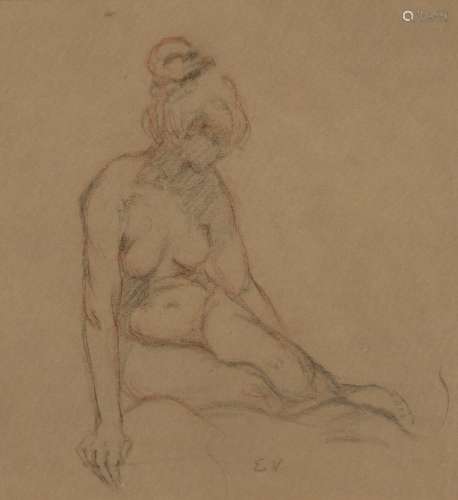 European School, late 20th century- Nude; pencil and crayon on paper, signed with initials EV