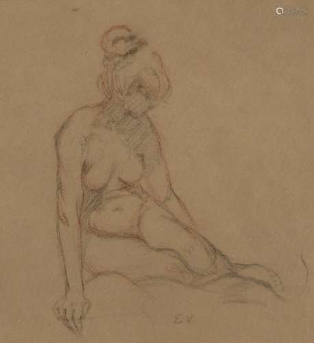 European School, late 20th century- Nude; pencil and crayon on paper, signed with initials EV