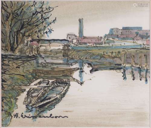 Hellmuth Weissenborn, German/British 1898-1982- Riverside scenes with boats; watercolour and black