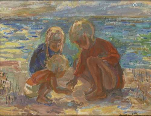 Bernhard Peterson, Danish 1911-1988- Three children playing on a beach; oil on canvas board,