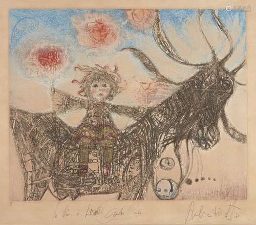 Spanish School, circa 1970- Child on a mythical beast; etchingnwith aquatint in colours on wove,