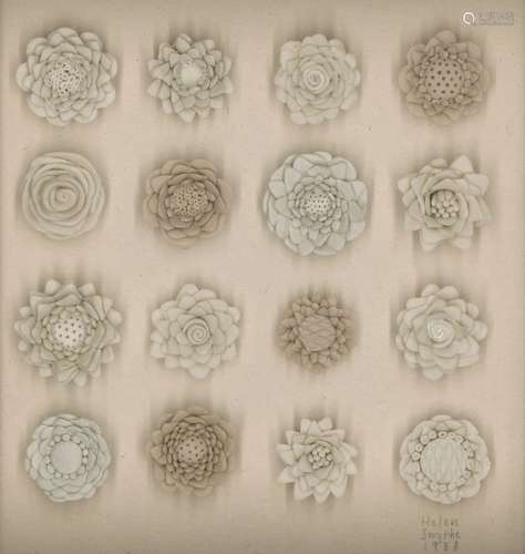 Helen Smythe, British 21st century- Framed ceramic buttons, 1988; ceramic mounted on board, signed