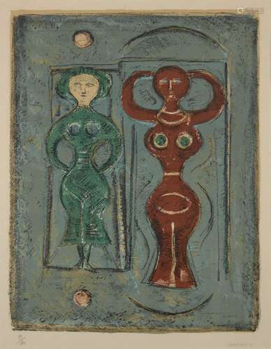 Massimo Campigli, Italian 1895-1971- Two figures, 1961; lithograph in colours on wove, signed, dated